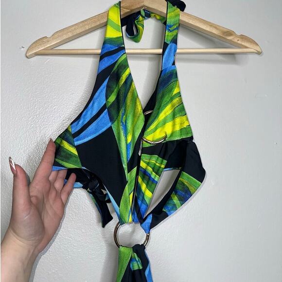 Louisa Ballou Ssense Cut Out Sex Wrap Mini Dress Blue & Yellow/Green Size Small - Picture 5 of 9